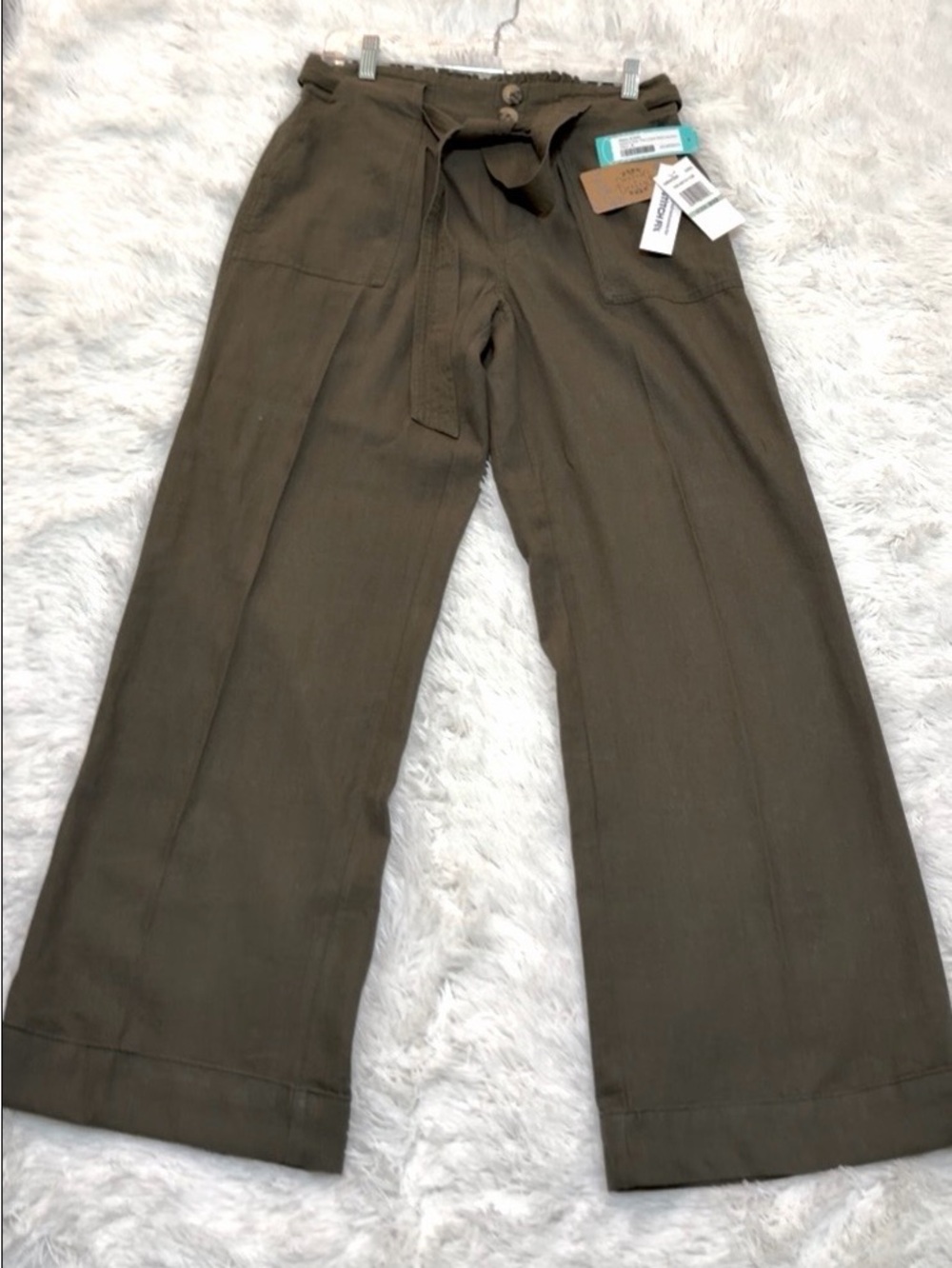 Mason & Belle Women Olive Wide-Leg Linen Blend Pants with Tie Waist. Size 8